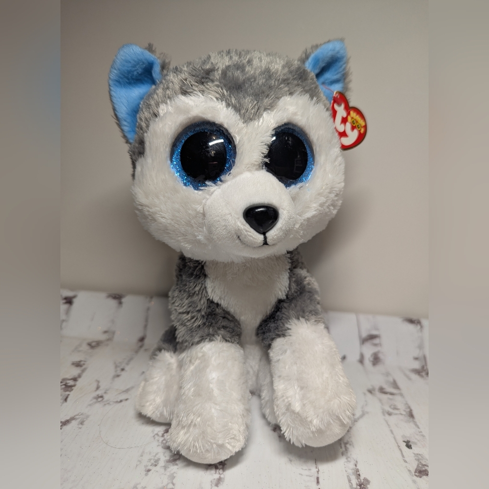 TY NEW HUSKY BEANIE BOO PLUSH STUFFED DOG BLUE GLITTER EYES NWT